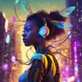 A Cyberpunk half bee and half Human girl with 7 electric wires, Afrofuturism, Cybernatic and Sci-Fi, Cityscape, Bloom light effect, Colorful, Ecstatic, Exciting, Joyful