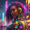 A Cyberpunk half bee and half Human girl with vizor, Afrofuturism, Cybernatic and Sci-Fi, Cityscape, Bloom light effect, Colorful, Ecstatic, Exciting, Joyful