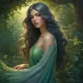 Imagine a scene where a beautiful woman stands amidst a serene garden at twilight. She has long, flowing hair that glimmers with hues of silver and gold under the fading sunlight. Her eyes are a deep, enchanting emerald green, reflecting the lush greenery around her., 8k, Art Nouveau, Surrealism by Stanley Artgerm Lau