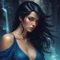 A woman with long, black hair that cascades down her back like a silken waterfall. She wears a dark, velvet dress that clings to her curves. Her eyes are a deep, mysterious blue, and she gazes out at the viewer with an enigmatic smile. The scene is dimly lit, with only a single candle casting flickering shadows on her face., Matte by Stanley Artgerm Lau