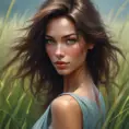 A stunningly beautiful woman stands in a field of tall, swaying grasses. Her skin is flawless, with a warm, radiant glow. Her features are delicate and enchanting - high cheekbones, full lips, and large, expressive eyes that seem to shift between shades of green, blue, and gray., 8k by Stanley Artgerm Lau