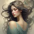 Misty air hums around a breathtakingly beautiful woman with a gentle melody, as if the very wind itself is whispering sweet nothings in her ear. She is a vision of beauty and grace, a living embodiment of nature's most enchanting creations., 8k, Art Nouveau, Surrealism by Stanley Artgerm Lau