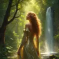 In the heart of a lush, verdant forest, bathed in dappled sunlight filtering through the leaves, stands a woman of breathtaking beauty. Her skin is the color of warm honey, glowing with an inner light that seems to radiate from within. Her hair cascades down her back in a waterfall of shimmering gold, each strand catching the light and reflecting it back in a dazzling display, 8k by Stanley Artgerm Lau