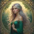 Imagine a scene where a beautiful woman stands amidst a serene garden at twilight. She has long, flowing hair that glimmers with hues of silver and gold under the fading sunlight. Her eyes are a deep, enchanting emerald green, reflecting the lush greenery around her., 8k, Art Nouveau, Surrealism by Stanley Artgerm Lau