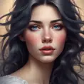 A breathtakingly beautiful woman with eyes the color of twilight skies, are framed by delicate lashes that cast shadows on her flawless, porcelain skin. Her lips are full and inviting, curved into a gentle smile that beckons all who behold her., 8k, Art Nouveau, Surrealism by Stanley Artgerm Lau