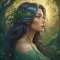 Imagine a scene where a beautiful woman stands amidst a serene garden at twilight. She has long, flowing hair that glimmers with hues of silver and gold under the fading sunlight. Her eyes are a deep, enchanting emerald green, reflecting the lush greenery around her., 8k, Art Nouveau, Surrealism by Stanley Artgerm Lau