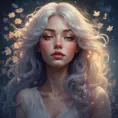 A woman with skin the color of moonlight, and hair made of cascading stars, floating in a dreamlike world filled with glowing flora and fauna. Her eyes are filled with wonder and curiosity., 8k by Stanley Artgerm Lau