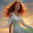 A woman with flowing auburn hair, emerald green eyes, and a delicate smile. She is wearing a flowing white gown that billows gently in the wind. The sun is setting behind her, casting a golden glow on her skin., Matte by Stanley Artgerm Lau