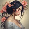 A breathtakingly beautiful woman's hair cascades down her shoulders like a waterfall of dark curls, adorned with delicate, luminescent flowers that seem to bloom and fade with her breaths, 8k, Art Nouveau, Surrealism by Stanley Artgerm Lau