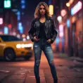 A woman with a fierce, confident expression, wearing a leather jacket and ripped jeans. She is standing in a gritty urban environment, with graffiti and neon lights surrounding her., 8k by Stanley Artgerm Lau