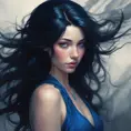 A woman with long, black hair that cascades down her back like a silken waterfall. She wears a dark, velvet dress that clings to her curves. Her eyes are a deep, mysterious blue, and she gazes out at the viewer with an enigmatic smile. The scene is dimly lit, with only a single candle casting flickering shadows on her face., Matte by Stanley Artgerm Lau