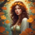 A breathtakingly beautiful woman eyes are pools of wisdom and mystery, reflecting the lush foliage surrounding her, while her skin glows with an inner warmth, like sunlight filtering through autumn leaves., 8k, Art Nouveau, Surrealism by Stanley Artgerm Lau