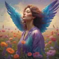 A woman with wings of iridescent feathers, floating above a field of wildflowers. Her eyes are closed, and her expression is serene. She is surrounded by a swirling mist, and the colors of the scene are vibrant and otherworldly., Matte by Stanley Artgerm Lau