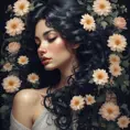 A breathtakingly beautiful woman's hair cascades down her shoulders like a waterfall of dark curls, adorned with delicate, luminescent flowers that seem to bloom and fade with her breaths, 8k, Art Nouveau, Surrealism by Stanley Artgerm Lau