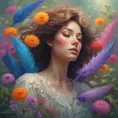 A woman with wings of iridescent feathers, floating above a field of wildflowers. Her eyes are closed, and her expression is serene. She is surrounded by a swirling mist, and the colors of the scene are vibrant and otherworldly., Matte by Stanley Artgerm Lau