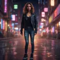 A woman with a fierce, confident expression, wearing a leather jacket and ripped jeans. She is standing in a gritty urban environment, with graffiti and neon lights surrounding her., 8k by Stanley Artgerm Lau