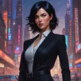 A woman with short, choppy black hair and piercing blue eyes. She is wearing a tailored black suit and a confident smirk. She stands tall and proud, radiating an aura of power and determination. The background is a bustling city street, with towering buildings and flashing neon lights., Matte by Stanley Artgerm Lau