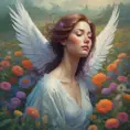 A woman with wings of iridescent feathers, floating above a field of wildflowers. Her eyes are closed, and her expression is serene. She is surrounded by a swirling mist, and the colors of the scene are vibrant and otherworldly., Matte by Stanley Artgerm Lau