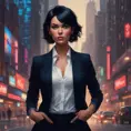 A woman with short, choppy black hair and piercing blue eyes. She is wearing a tailored black suit and a confident smirk. She stands tall and proud, radiating an aura of power and determination. The background is a bustling city street, with towering buildings and flashing neon lights., Matte by Stanley Artgerm Lau