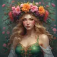 A crown of delicate flowers rests upon a woman of breathtaking beauty, woven together from the blossoms of the rarest and most beautiful flowers in the forest. They are a riot of color and scent, a fitting adornment for a queen of the woods., 8k by Stanley Artgerm Lau