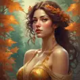 A breathtakingly beautiful woman eyes are pools of wisdom and mystery, reflecting the lush foliage surrounding her, while her skin glows with an inner warmth, like sunlight filtering through autumn leaves., 8k, Art Nouveau, Surrealism by Stanley Artgerm Lau