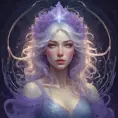 A portrait of a woman sculpted from moonlight and stardust. Her hair flows like a nebula, strands shimmering with silver and amethyst hues. Her eyes are pools of liquid starlight, reflecting galaxies within their depths. She wears a gown woven from the aurora borealis, its colors shifting and dancing across her form. A crown of delicate moonflowers rests upon her head, each petal glowing with an ethereal luminescence. Her expression is serene and wise, hinting at ancient secrets whispered by the cosmos., 8k, Art Nouveau, Surrealism by Stanley Artgerm Lau