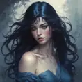 A woman with long, black hair that cascades down her back like a silken waterfall. She wears a dark, velvet dress that clings to her curves. Her eyes are a deep, mysterious blue, and she gazes out at the viewer with an enigmatic smile. The scene is dimly lit, with only a single candle casting flickering shadows on her face., Matte by Stanley Artgerm Lau