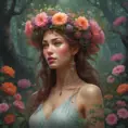 A crown of delicate flowers rests upon a woman of breathtaking beauty, woven together from the blossoms of the rarest and most beautiful flowers in the forest. They are a riot of color and scent, a fitting adornment for a queen of the woods., 8k by Stanley Artgerm Lau