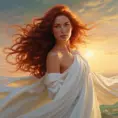 A woman with flowing auburn hair, emerald green eyes, and a delicate smile. She is wearing a flowing white gown that billows gently in the wind. The sun is setting behind her, casting a golden glow on her skin., Matte by Stanley Artgerm Lau