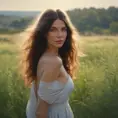 A stunningly beautiful woman stands in a field of tall, swaying grasses. Her skin is flawless, with a warm, radiant glow. Her features are delicate and enchanting - high cheekbones, full lips, and large, expressive eyes that seem to shift between shades of green, blue, and gray. Her long, flowing hair cascades down her back in soft, wavy curls, the sunlight catching the shimmering highlights. She wears a simple, elegant dress that accentuates her graceful, statuesque figure. There is an air of mystery and allure about her, as if she has stepped out of a dream. Her gaze is captivating, drawing the viewer in with a sense of wonder and curiosity. The overall impression is one of timeless, ethereal beauty., 8k by Stanley Artgerm Lau