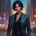 A woman with short, choppy black hair and piercing blue eyes. She is wearing a tailored black suit and a confident smirk. She stands tall and proud, radiating an aura of power and determination. The background is a bustling city street, with towering buildings and flashing neon lights., Matte by Stanley Artgerm Lau