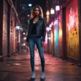 A woman with a fierce, confident expression, wearing a leather jacket and ripped jeans. She is standing in a gritty urban environment, with graffiti and neon lights surrounding her., 8k by Stanley Artgerm Lau