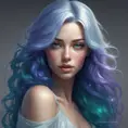 A breathtaking woman with eyes like galaxies, swirling with emerald, sapphire, and amethyst hues. Her hair cascades down her back like a silken waterfall, catching the light and shimmering with strands of silver, platinum, and gold., 8k by Stanley Artgerm Lau