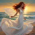 A woman with flowing auburn hair, emerald green eyes, and a delicate smile. She is wearing a flowing white gown that billows gently in the wind. The sun is setting behind her, casting a golden glow on her skin., Matte by Stanley Artgerm Lau