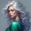 A breathtaking woman with eyes like galaxies, swirling with emerald, sapphire, and amethyst hues. Her hair cascades down her back like a silken waterfall, catching the light and shimmering with strands of silver, platinum, and gold., 8k by Stanley Artgerm Lau