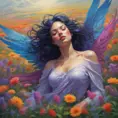 A woman with wings of iridescent feathers, floating above a field of wildflowers. Her eyes are closed, and her expression is serene. She is surrounded by a swirling mist, and the colors of the scene are vibrant and otherworldly., Matte by Stanley Artgerm Lau