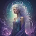 A portrait of a woman sculpted from moonlight and stardust. Her hair flows like a nebula, strands shimmering with silver and amethyst hues. Her eyes are pools of liquid starlight, reflecting galaxies within their depths. She wears a gown woven from the aurora borealis, its colors shifting and dancing across her form. A crown of delicate moonflowers rests upon her head, each petal glowing with an ethereal luminescence. Her expression is serene and wise, hinting at ancient secrets whispered by the cosmos., 8k, Art Nouveau, Surrealism by Stanley Artgerm Lau