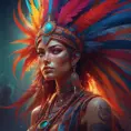 Visionary painting of a mystical tribal goddess surrounded by vibrant feathers, 8k, Highly Detailed, Intricate, Artstation, Matte Painting, Sharp Focus, Volumetric Lighting, Concept Art by Stanley Artgerm Lau, Greg Rutkowski