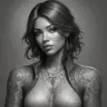 Grayscale matte portrait of a beautiful female assassin with tattoos, 4k, Highly Detailed, Powerful, Alluring, Artstation, Magical, Digital Painting, Photo Realistic, Sharp Focus, Volumetric Lighting, Concept Art by Stanley Artgerm Lau, Alphonse Mucha, Greg Rutkowski