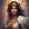 Alluring matte portrait of a beautiful Kassandra wearing feathers, 8k, Highly Detailed, Intricate, Half Body, Realistic, Sharp Focus, Volumetric Lighting, Fantasy, Elegant by Stanley Artgerm Lau, Alphonse Mucha, WLOP