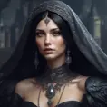 Alluring portrait of a beautiful raven black-haired veiled & caped vampire with sharp features and piercing eyes in the style of Stefan Kostic, 8k, High Definition, Highly Detailed, Intricate, Half Body, Realistic, Sharp Focus, Fantasy, Elegant