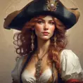 Alluring matte portrait of a beautiful female Pirate, 8k, Highly Detailed, Intricate, Half Body, Realistic, Sharp Focus, Volumetric Lighting, Fantasy, Elegant by Alphonse Mucha