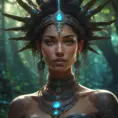 Closeup of a beautiful tribal goddess in a magical forest, 4k, Highly Detailed, Masterpiece, Pretty Face, Digital Illustration, Cinematic Lighting, Realistic, Sharp Focus, Centered, Beautifully Lit, Bioluminescent by Stanley Artgerm Lau