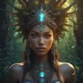 Closeup of a beautiful tribal goddess in a magical forest, 4k, Highly Detailed, Masterpiece, Pretty Face, Digital Illustration, Cinematic Lighting, Realistic, Sharp Focus, Centered, Beautifully Lit, Bioluminescent by Stanley Artgerm Lau