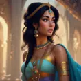 Alluring matte portrait of Princess Jasmine, 4k, 4k resolution, 8k, HD, High Definition, High Resolution, Highly Detailed, HQ, Hyper Detailed, Intricate Artwork, Ultra Detailed, Digital Painting, Matte Painting, Realistic, Sharp Focus, Dim light, Fantasy by Greg Rutkowski