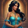 Alluring matte portrait of Princess Jasmine, 4k, 4k resolution, 8k, HD, High Definition, High Resolution, Highly Detailed, HQ, Hyper Detailed, Intricate Artwork, Ultra Detailed, Digital Painting, Matte Painting, Realistic, Sharp Focus, Dim light, Fantasy by Greg Rutkowski