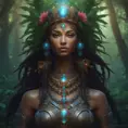 Closeup of a beautiful tribal goddess in a magical forest, 4k, Highly Detailed, Masterpiece, Pretty Face, Digital Illustration, Cinematic Lighting, Realistic, Sharp Focus, Centered, Beautifully Lit, Bioluminescent by Stanley Artgerm Lau