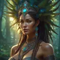 Closeup of a beautiful tribal goddess in a magical forest, 4k, Highly Detailed, Masterpiece, Pretty Face, Digital Illustration, Cinematic Lighting, Realistic, Sharp Focus, Centered, Beautifully Lit, Bioluminescent by Stanley Artgerm Lau