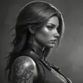 Grayscale matte portrait of a beautiful female assassin with tattoos, 4k, Highly Detailed, Powerful, Alluring, Artstation, Magical, Digital Painting, Photo Realistic, Sharp Focus, Volumetric Lighting, Concept Art by Stanley Artgerm Lau, Alphonse Mucha, Greg Rutkowski