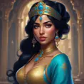 Alluring matte portrait of Princess Jasmine, 4k, 4k resolution, 8k, HD, High Definition, High Resolution, Highly Detailed, HQ, Hyper Detailed, Intricate Artwork, Ultra Detailed, Digital Painting, Matte Painting, Realistic, Sharp Focus, Dim light, Fantasy by Stanley Artgerm Lau